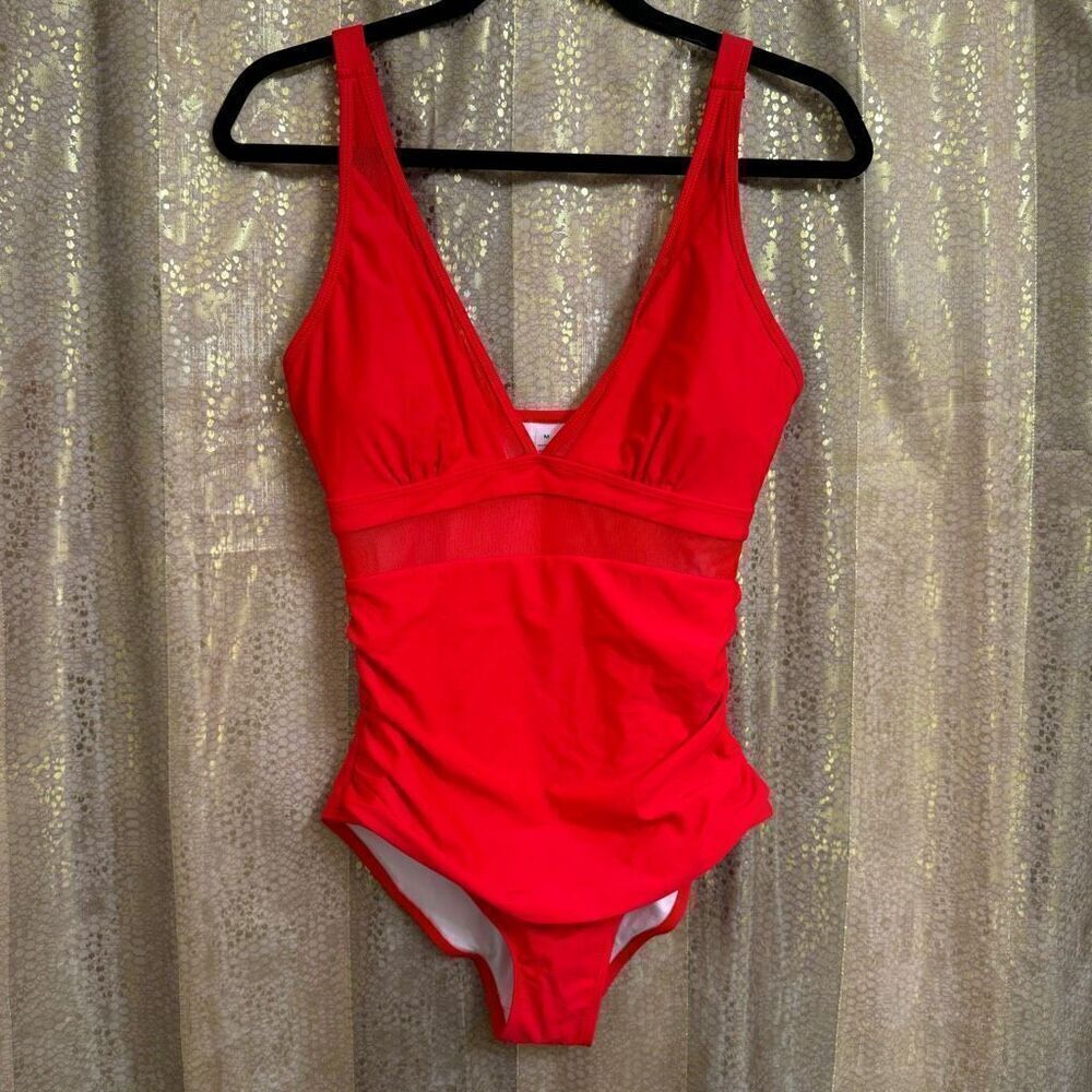Lipstick Red Bright Cherry Mesh Plunge One Piece Swimsuit Medium